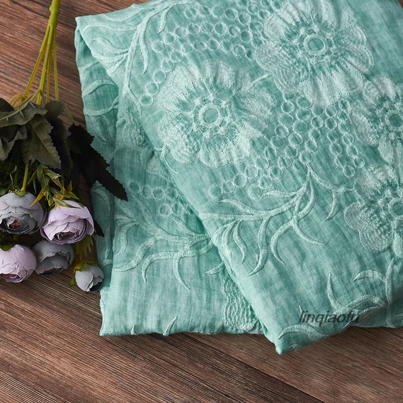 Summer thin green embroidered dress robe clothing cotton and linen fabric High-end linen fabric