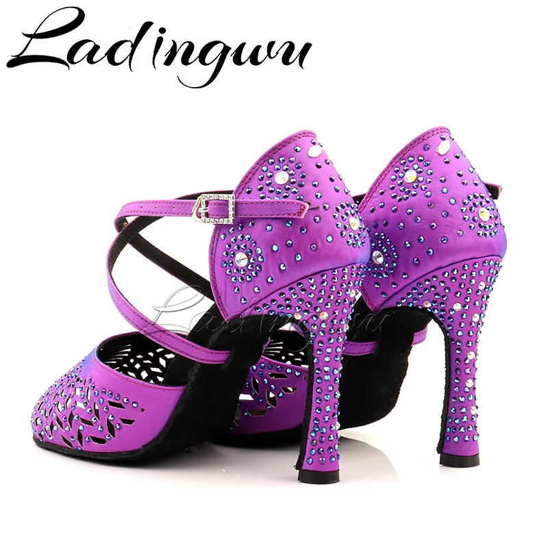 Ladingwu National Standard Dance Shoes Purple Chameleon Satin Latin Dance Shoes Salsa Women\'s Dance Sandals Sparkle Rhinestones