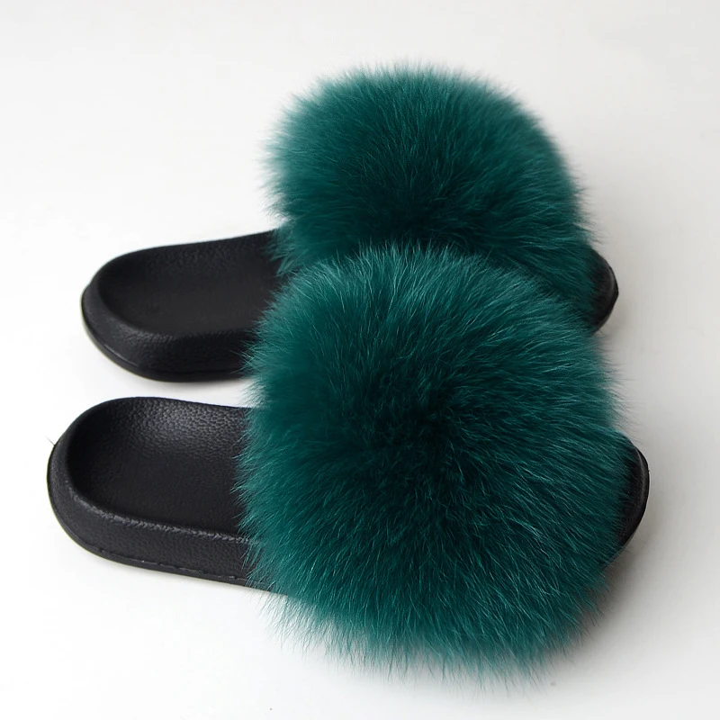 Summer women\'s real furry fox fur slippers fashion simple and elegant cute silver home interior protective fur slippers