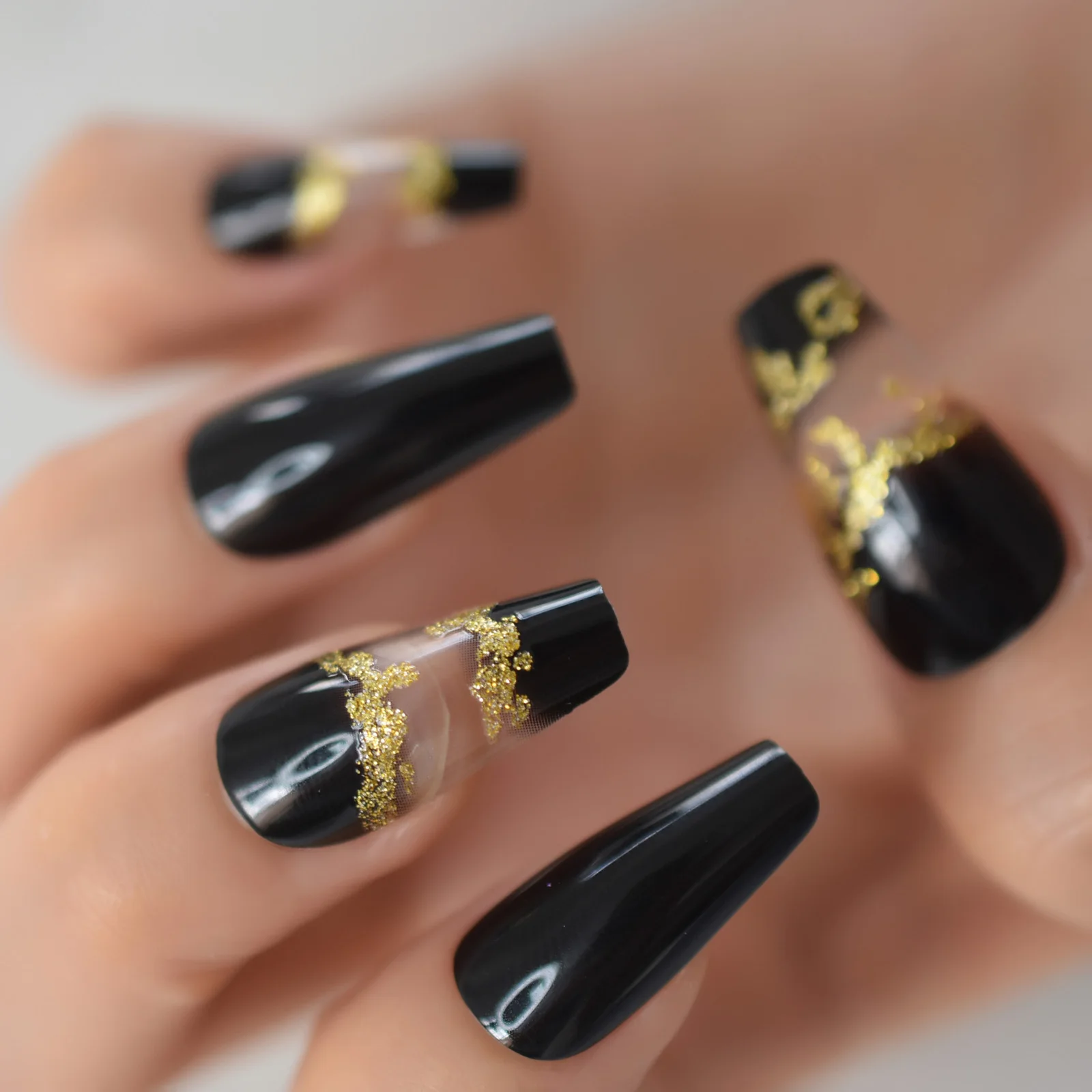 48 pçs brilhante glitter ombre preto claro francês branco bailarina caixão imprensa no falso prego ballet unhas falsas dicas para mulher menina