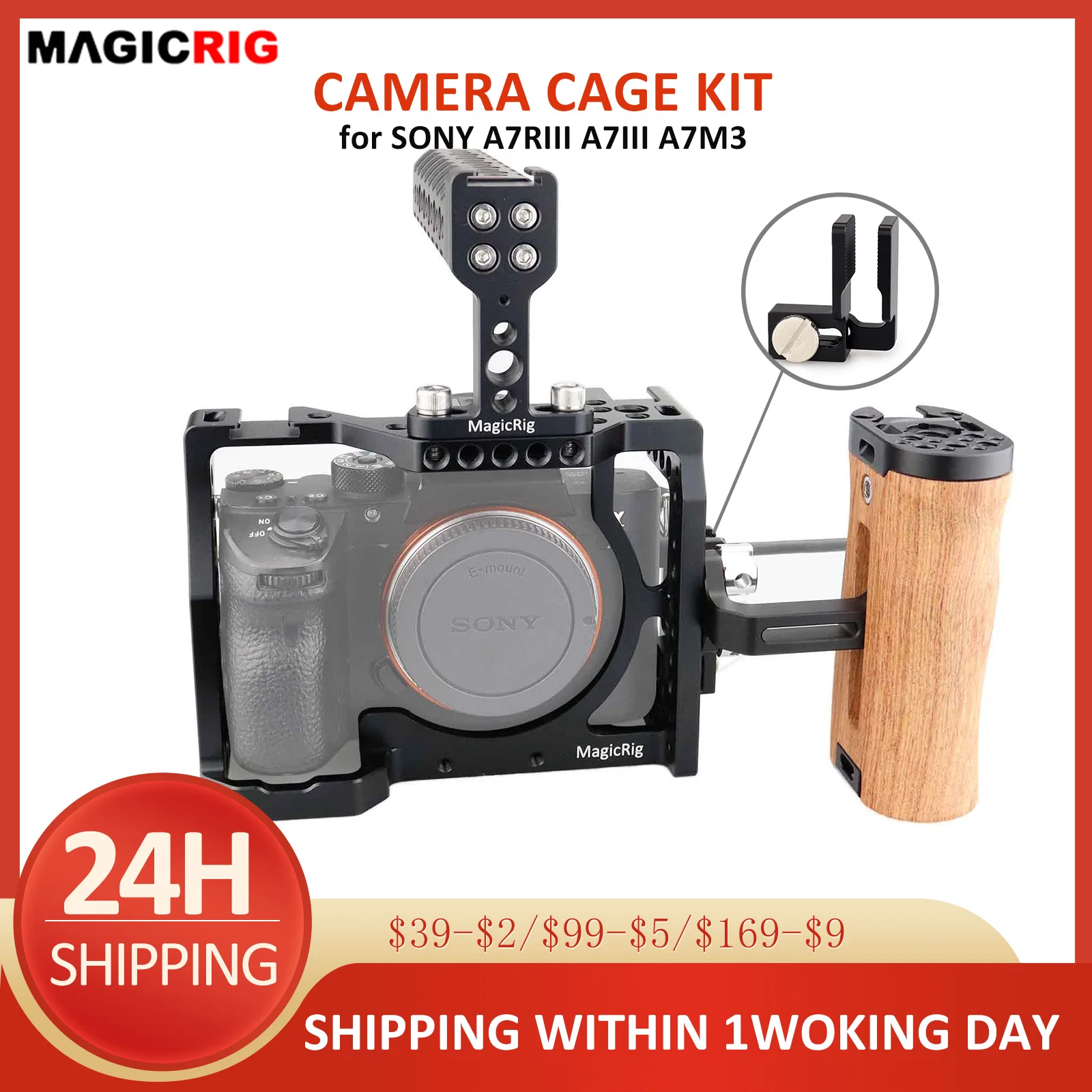 MAGICRIG a7riii/ a7iii Cage Kit with Top handle,Wooden Side Handle ,HDMI/USB-C Cable Clamp for Sony A7RIII /A7M3 /A7III