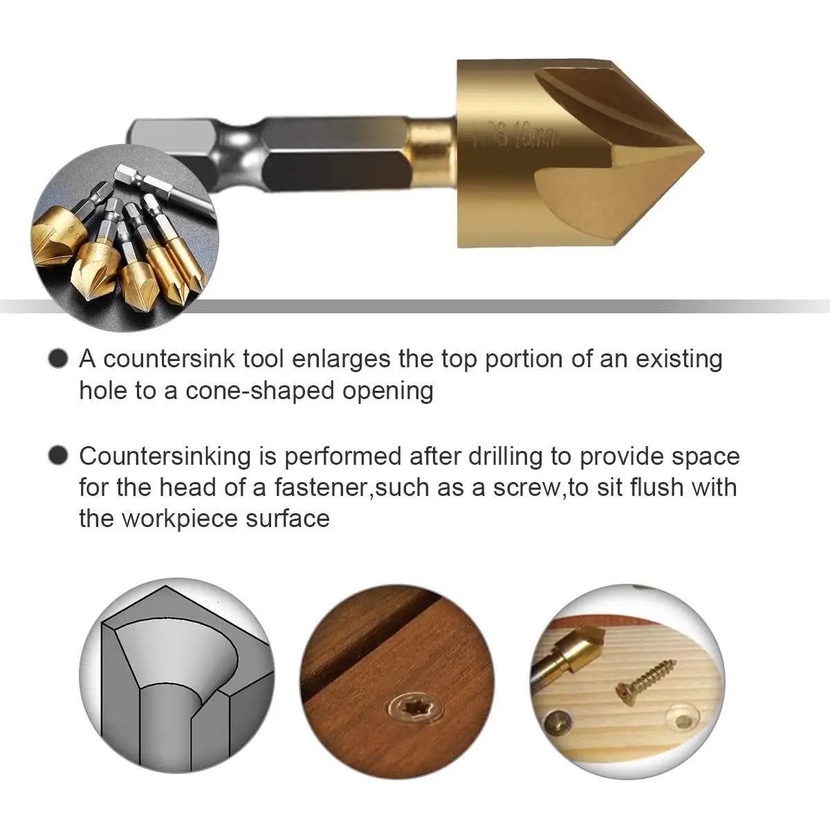 6 Pcs/lot 6mm-19mm 5 Flute HSS Countersink Chamfer Drill Bit 1/4" Shank Titanium Coated Woodworking Core Power Tool Accessories