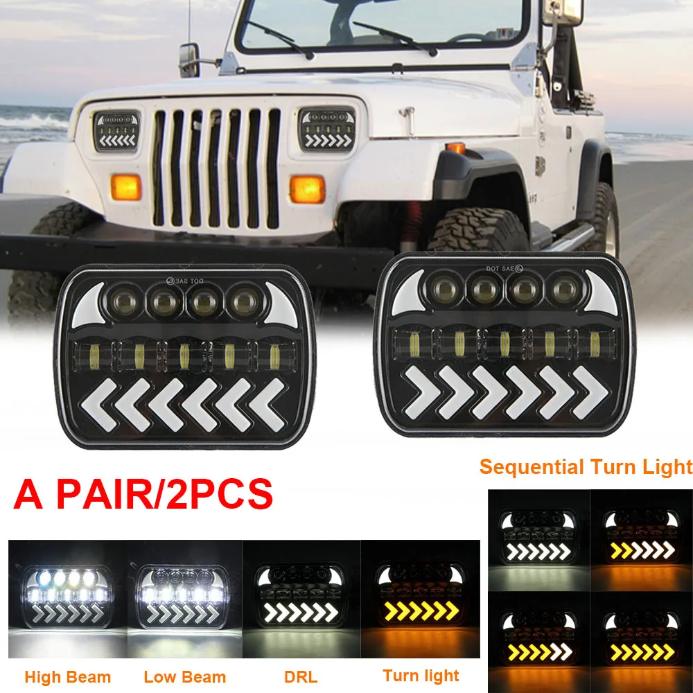 Pair 5X7" 7x6 Inch LED Headlight DRL Sequential Turn for Toyota Pickup Truck Dodge Jeep YJ MJ GMC Savana 2500 Chevy S10 Sonoma