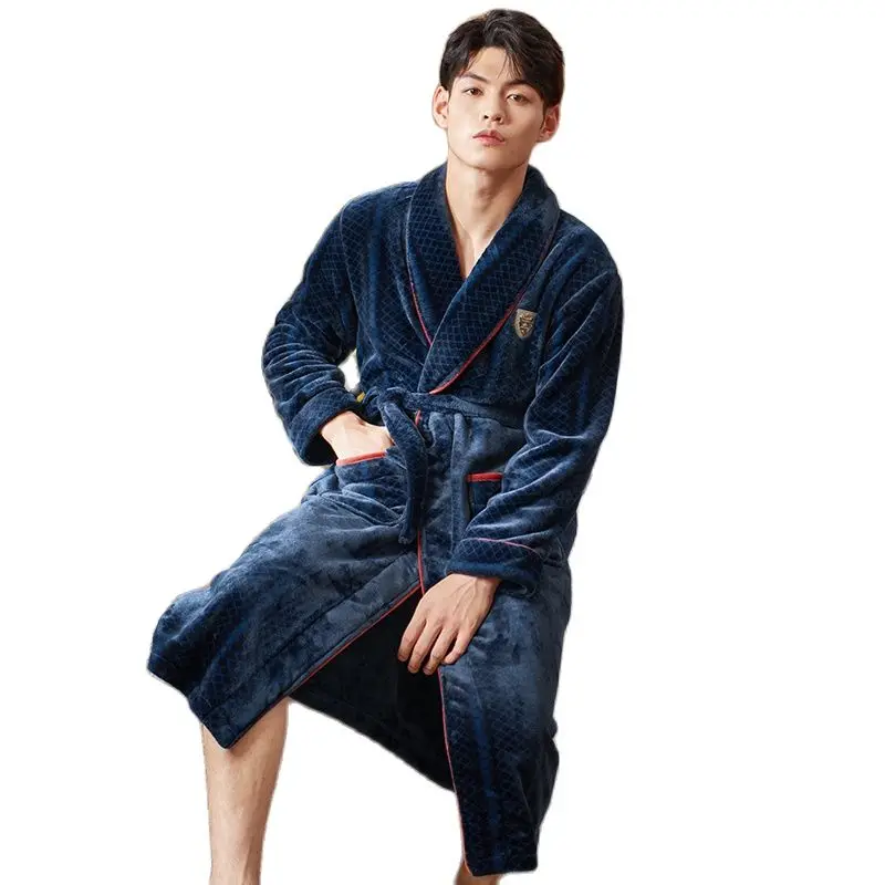 

Autumn Winter Bathrobe Men Thick Flannel Sleep Top Kimono Robes For Male Geometry Robes Long Bath Robe Bride Robe Dressing Gown