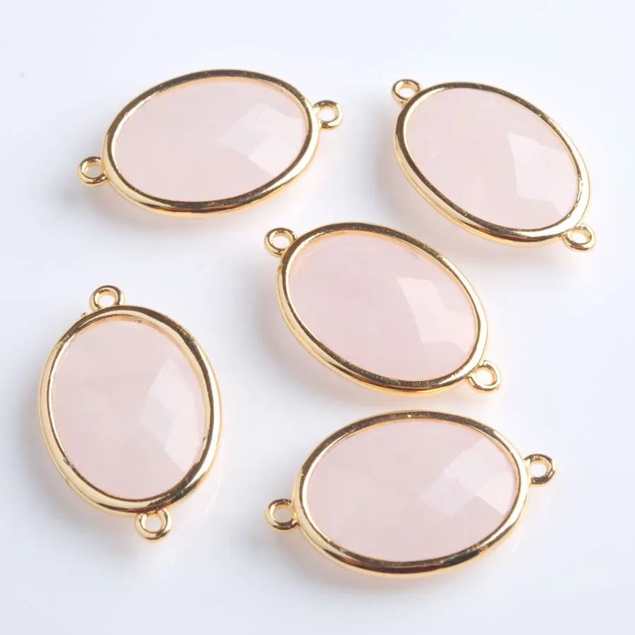 10pcs Shiny Oval Faceted Natural Rose Quartz Stone Beads Two Hole Connector for Female Homme Jewelry Making Z9071