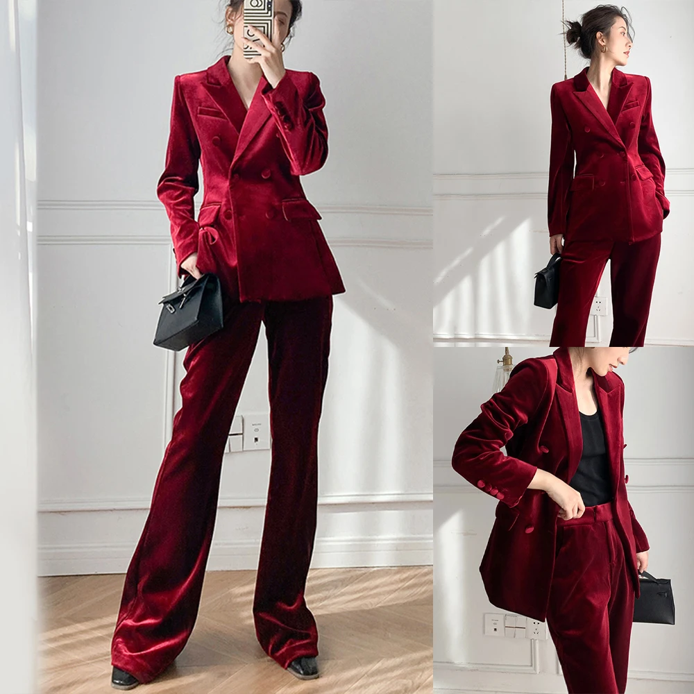 Red Velvet Blazer Peaked Lapel V Neck High Quality Double Breasted Suits Loose Office Lady Daily Casul Party Wear Jacket