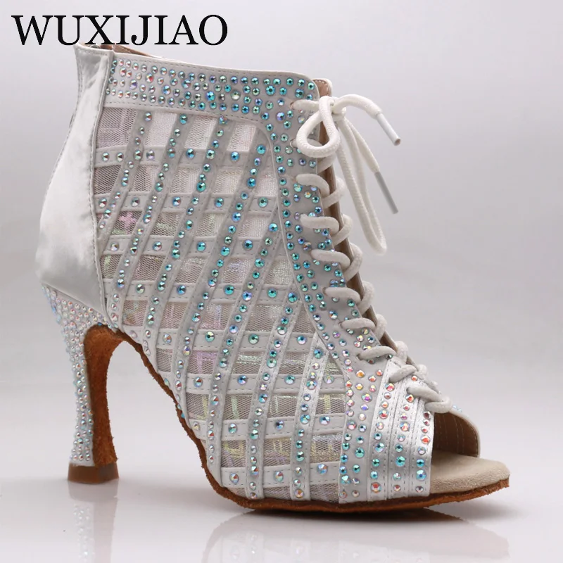 WUXIJIAO Latin dance high boots shoes soft sole shoes salsa ballroom ladies mesh dance shoes Cuba high heels  9CM