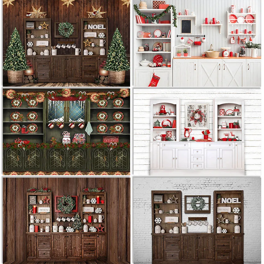 Mocsicka Christmas Kitchen Backdrop for Photography Bustic Wood Cupboard Adult Children Family Portrait Background Photographic