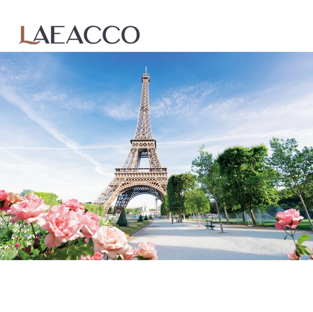 Laeacco Vinyl Backdrops For Photography Eiffel Tower Old Town Flowers Street Blue Sky Scenic Photo Background For Photo Studio