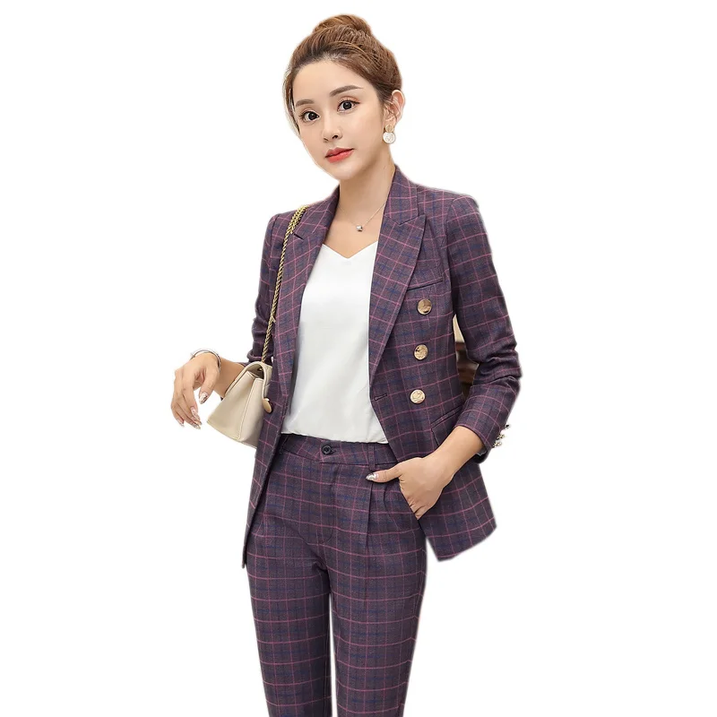 

Autumn new fashion temperament professional decoration body plaid long-sleeved suit nine points pants British style female suit