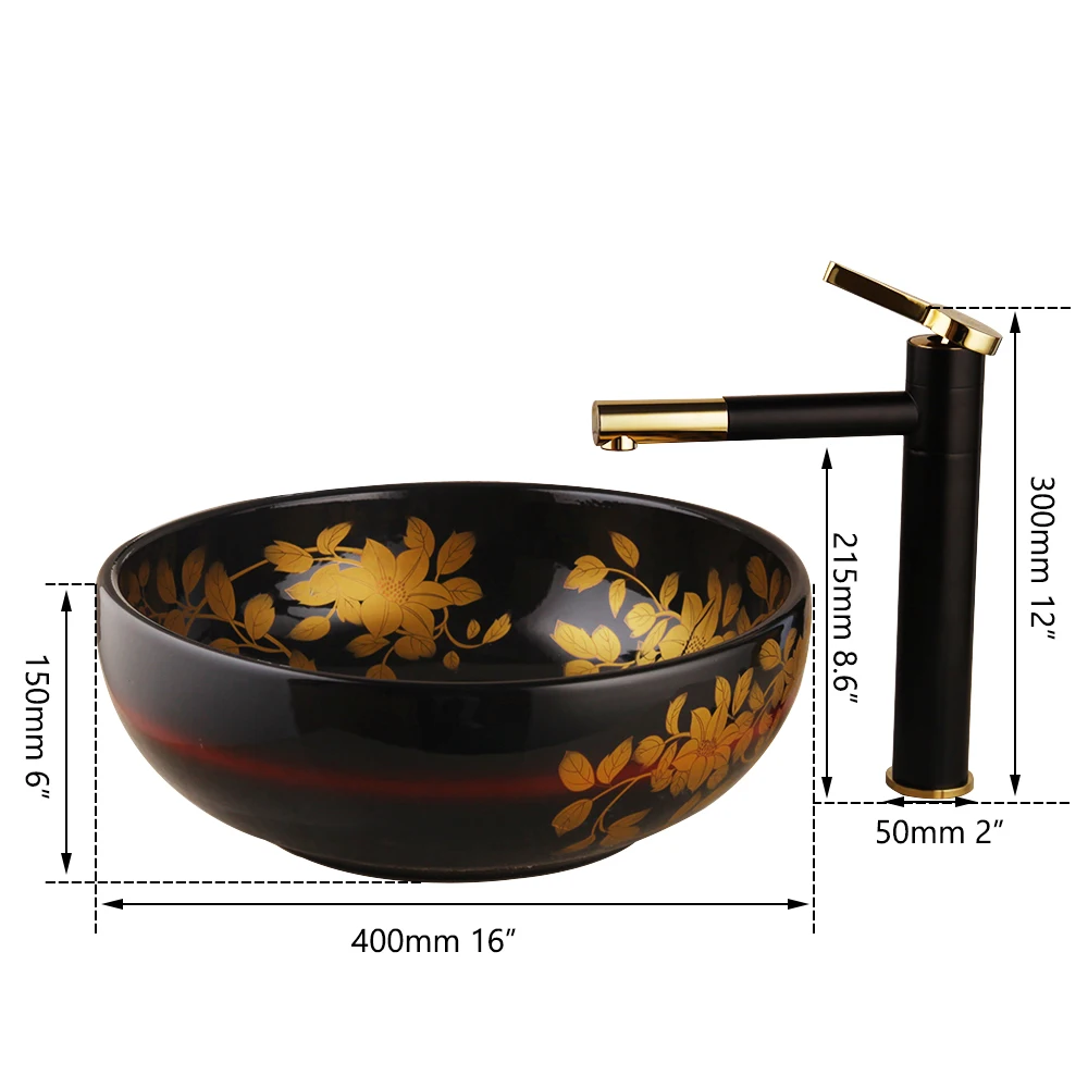 Black Ceramic Bathroom Washbasin Hand-Paint Bowl Sink Lavatory Basin Combine Black Painting Swivel Brass Faucet Mixer Tap