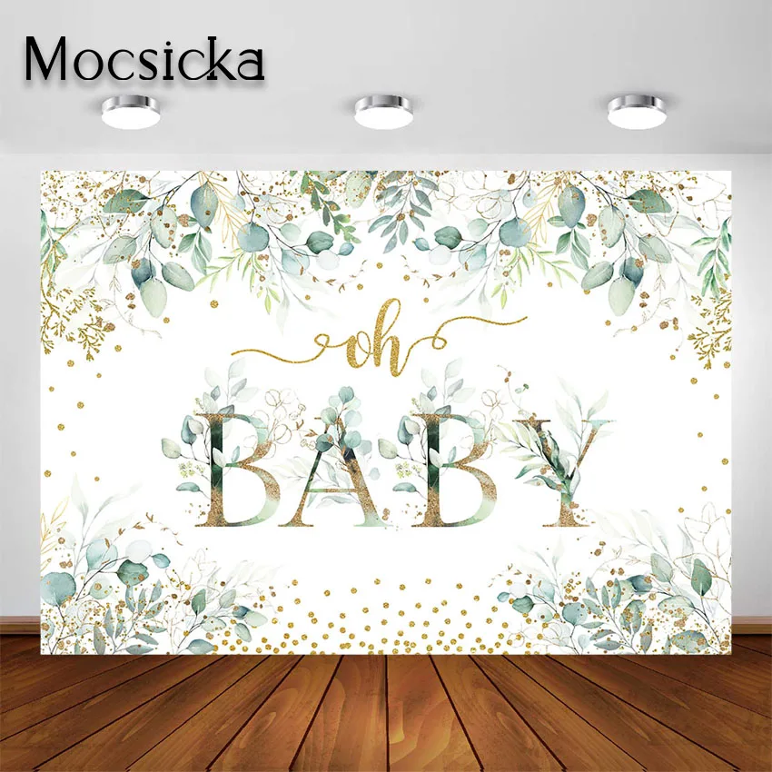 Mocsicka Oh Baby sfondo oro luccica foglie verdi verde genere neutro festa di compleanno Baby Bshower fotografia sfondo