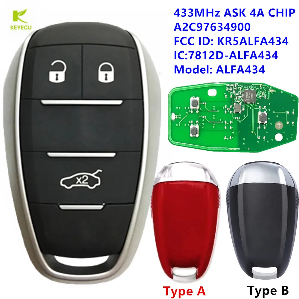 

KEYECU Replacement Keyless Remote Smart Key FOB 433MHz 4A Chip for Alfa Romeo Giulia Stelvio 2015-2020 KR5ALFA434 A2C97634900