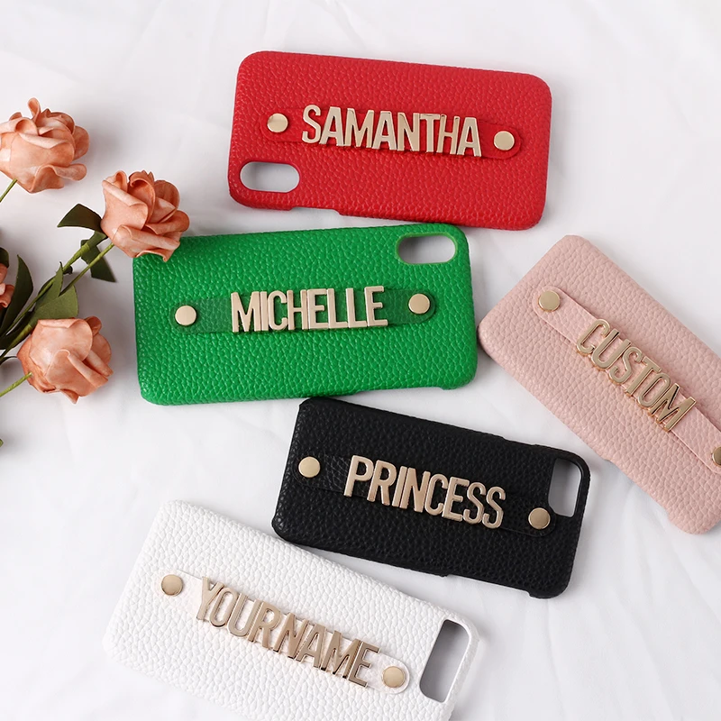 Personalize Custom Name Pebble Leather Holding Strap Letter Phone Case For iPhone15 14ProMax 14Plus 13Promax 13 12 Luxury Cover