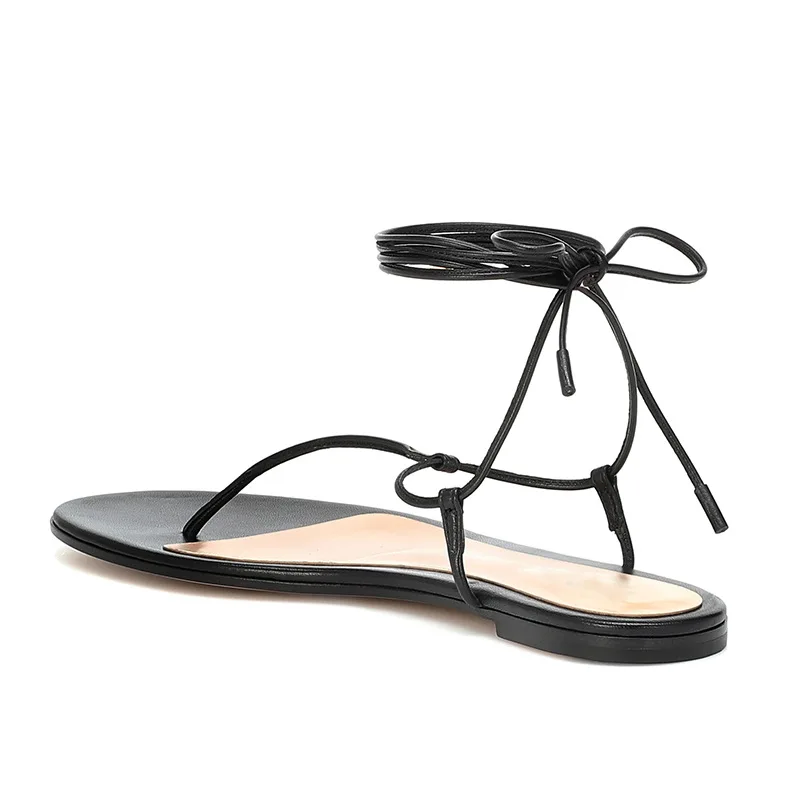 2021 Summer Flats Sandals Black Genuine Leather Fashion Flat Flip-flop Ankle Strap Large Size 34-46 Beach Sandalias Shoes Woman