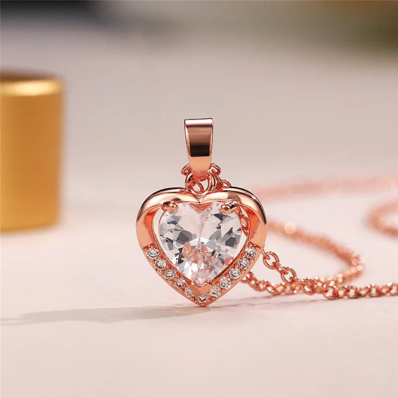 Huitan Classic Heart Shaped Pendant Necklace with Love Cubic Zirconia Silver Color/Rose Gold Color Necklace Jewelry for Women