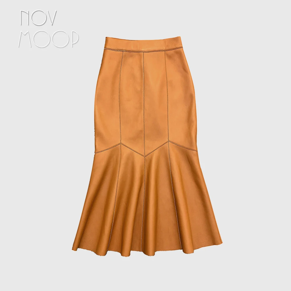 Novmoop genuine leather women solid color mermaid skirt graceful elegant lolita style tea time wear LT3514