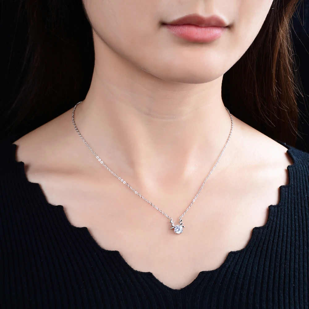 Cute Antler Pendant Necklace Women's/Girls' 925 Sterling Silver Cubic Zircon Design Jewelry Adorable Birthday Gift Accessory