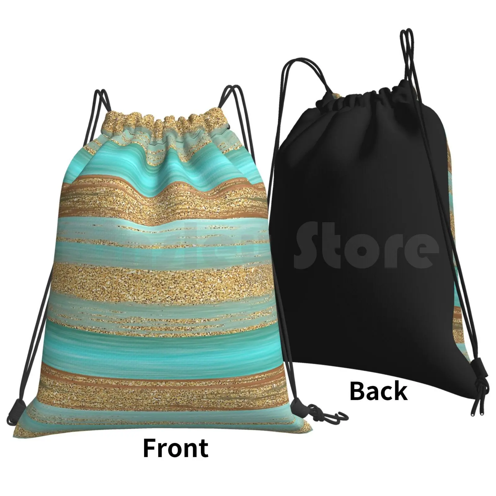 Turquoise Brown Faux Gold Glitter Stripes Art Pattern Backpack Drawstring Bag Riding Climbing Gym Bag Trendy Modern Glitter