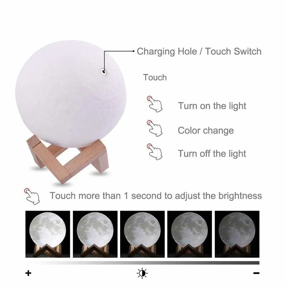3D Print Moon Light Table Lamp Colorful Change Touch USB Rechargeable LED Night Light Remote Control Moon Lamp Table Home Decor
