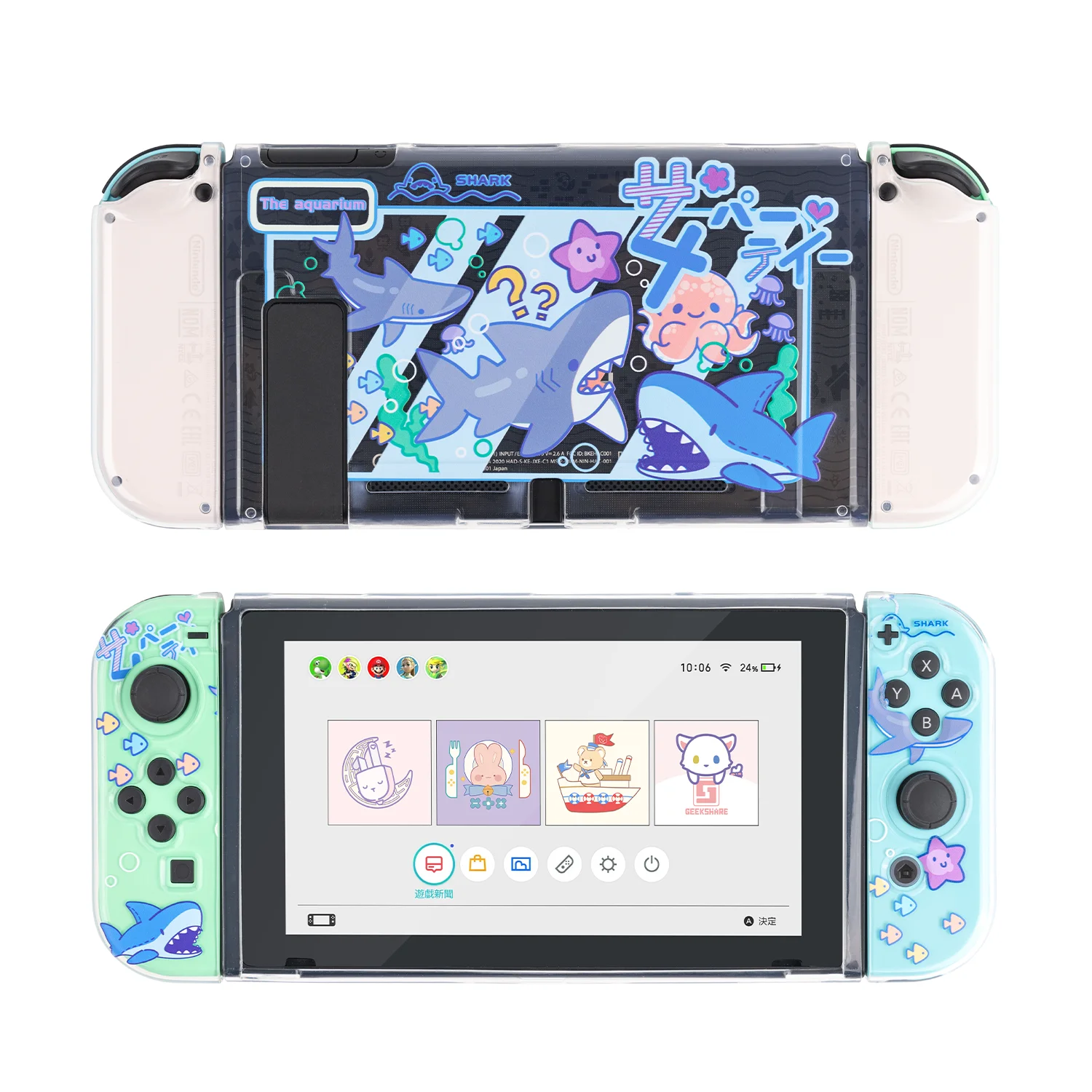 Cute Blue Sharks  Nintendo Switch Cover Case For Girls Kawaii Transparent Dockable TPU Protective Shell For Controller Joy-Con