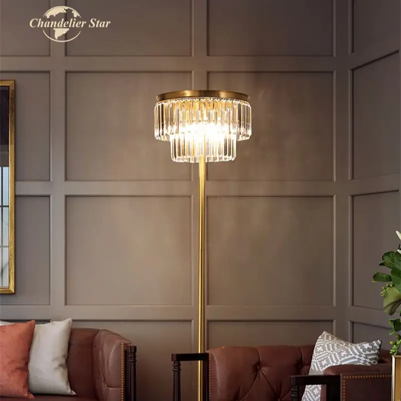 Luxury Copper LED Floor Lamps Modern Crystal Round Standing Lights Fixture Bedroom Living Room Dining Room Table Lamp Lustre