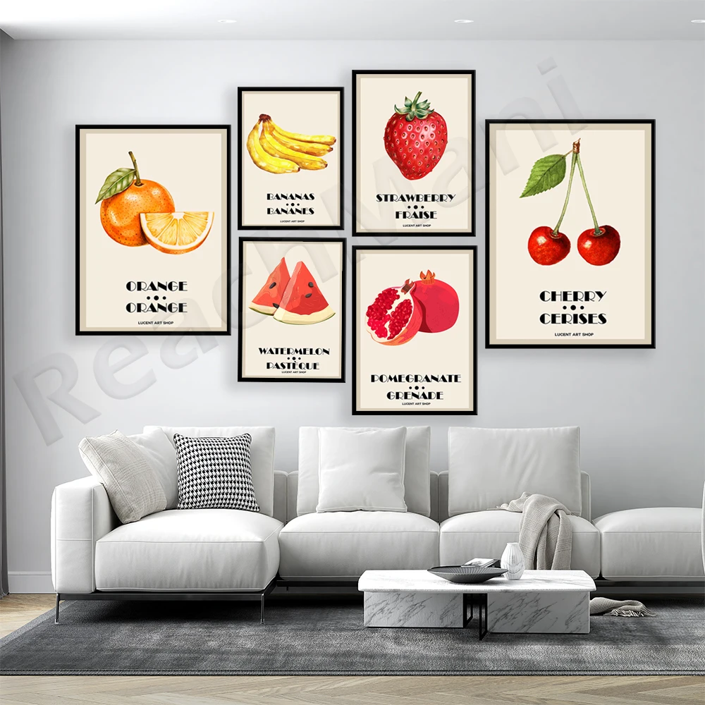 Fruit market poster, orange, watermelon, cherry, lemon, pomegranate, banana, strawberry, fruit illustration, fruit art print