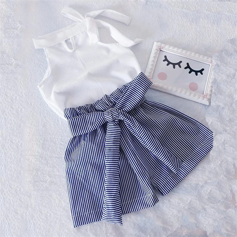 

Kids Baby Girl Summer Clothes Sets Sleeveless Tie Knot Vest Bowknot Striped Shorts Fashion Children Kids Outfits Clothes