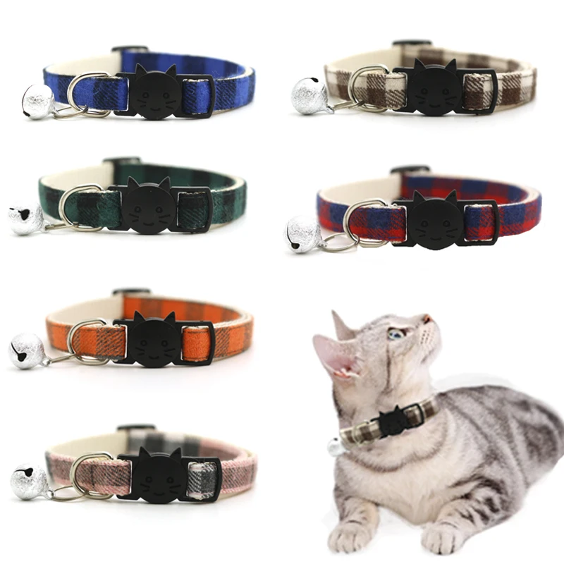 

Grid Cat Collar with Bell for Kitten Cute Canvas Cat Collars With Bell ABS Buckles Adjustable Puppy Necklace Pet Cat Accessories