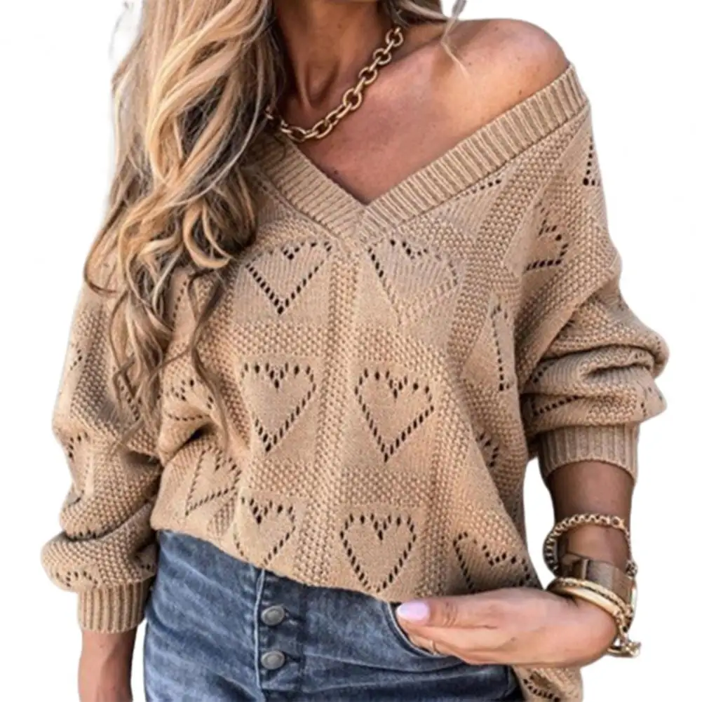 V-Neck Pullover Sweater Women Autumn Winter Love Heart Hollow Crochet Sweater Print Loose Knitwear Jumper Women\'s Clothing