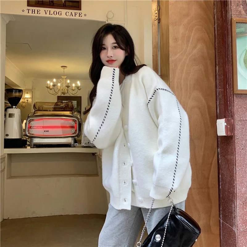 

Cardigan Women Sweater Fall Winter Korean Fashion V-Neck Knitted Lady Clothes Solid Casual Warm Single Breasted Loose Coat New