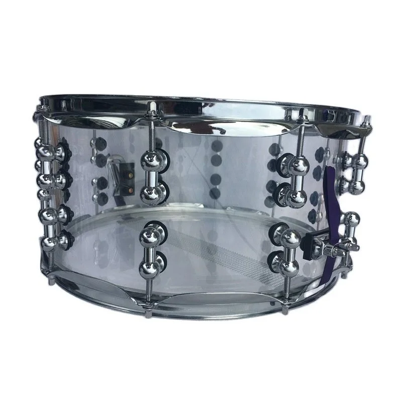 14 Inch Diameter 6.5 Inch Depth Acrylic Snare Drum Transparent with Silver Color 2mm Iron Hoop and Metal One Side Drum Lug