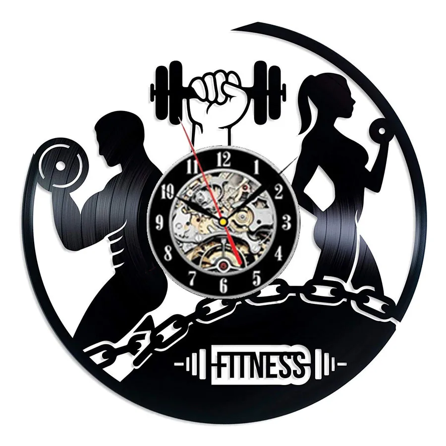 Fitness Gym Vinyl Record Wall Clock Modern Design Bodybuilding No Pain No Gain 3D Decoration Vintage Clock Wall Watch Home Decor