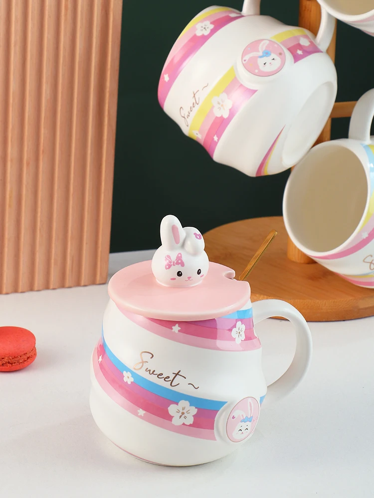 Creative rabbit male and female office ceramic mug couple handle with lid spoon coffee cup household milk mug