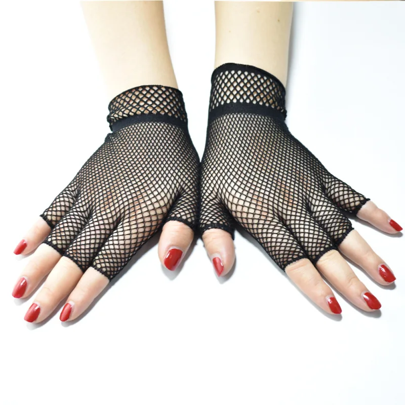 Sexy Fishing Net Mesh Short Half Finger Black Decoration Gloves Theme Party Etiquette Bar Pole Dance Elasticity Thin Cosplay