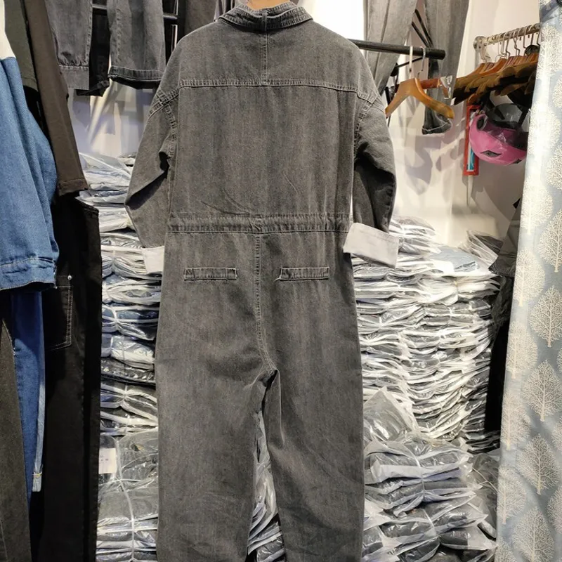 ยูโรฤดูใบไม้ร่วงสตรี Cargo DENIM Jumpsuits แขนยาวคอสูงเอวหลวม FIT ข้อเท้าความยาวกางเกงหลวมๆ