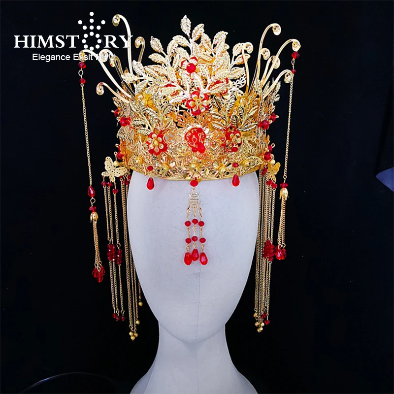 Himstory Vintage Bride Costume Tiara Wedding Show Hairwear Chinese National Red Pear Hair Accessories