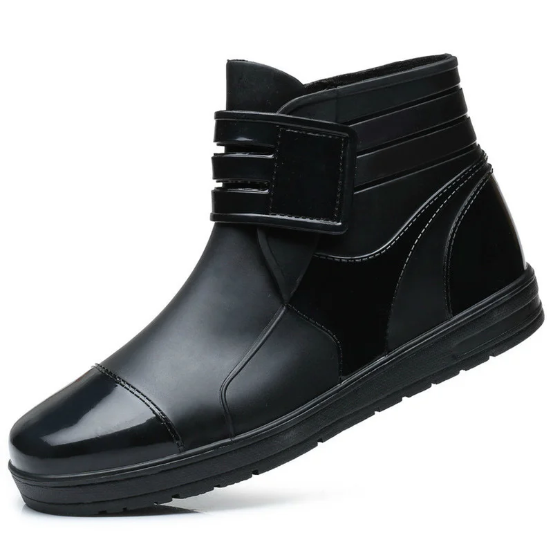 Fashion PVC Waterproof RainBoots Waterproof Flat Shoes Men Black Rainboots Blue Rubber Ankle Boots Buckle Botas 369