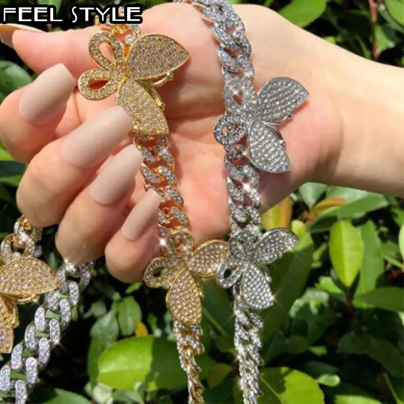 Hip Hop 13MM Iced Out Paved Rhinestones 1Set Miami Curb Butterfly Cuban Chain CZ Bling Rapper Necklace Bracelet For Men Jewelry