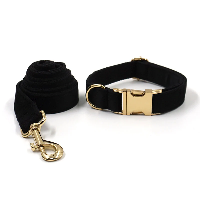 Black Velvet Dog Harness Personalized High Quality Durable Dog Collar with Gold Metal Buckles Quick Release Pet Collar and Leash