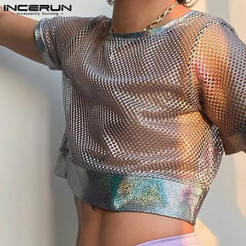 Men T Shirt See Through Mesh Patchwork Streetwear Sexy O-neck Short Sleeve Crop Tops Breathable Party Casual Men Clothing S-5XL