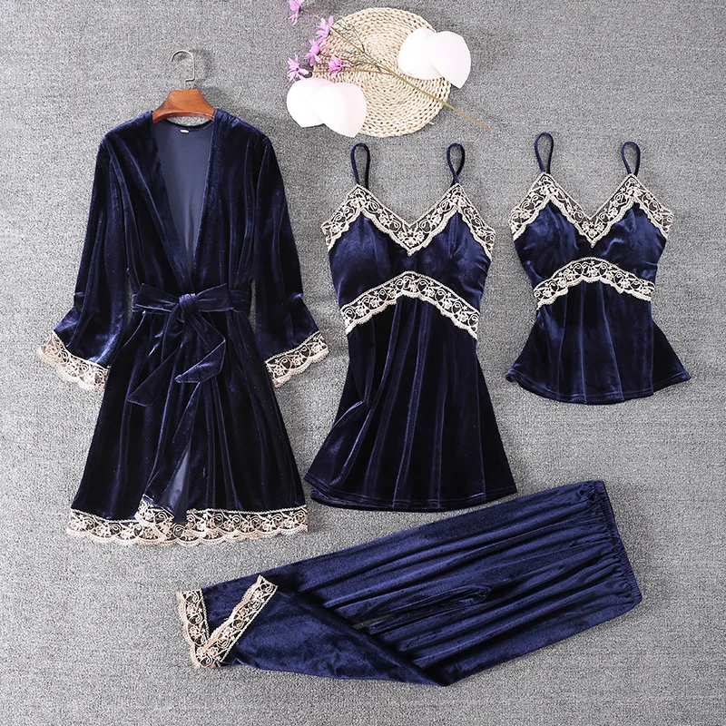 

Velour Nightwear Pajamas Lady Lace Sleepwear 4PCS Robe Set Kimono Bath Gown Sleepdress Autumn Winter Loungewear Sexy Pyjamas