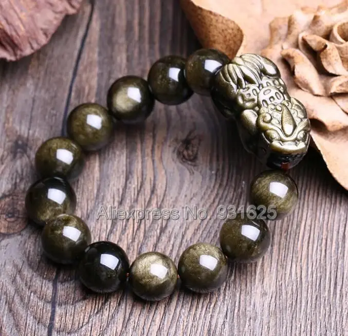 Natural Gold Obsidian 8mm - 20mm Beads + Obsidian Carved Coin PiXiu Lucky Stretch Elastic Bracelet Fashion Jewelry