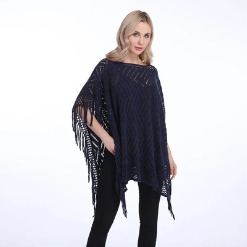 Summer Autumn Woman PonchoThin Sweater Solid Hollow Poncho Cardigan Plus Size Sweaters Tassel Pullovers Bikini Cover Up