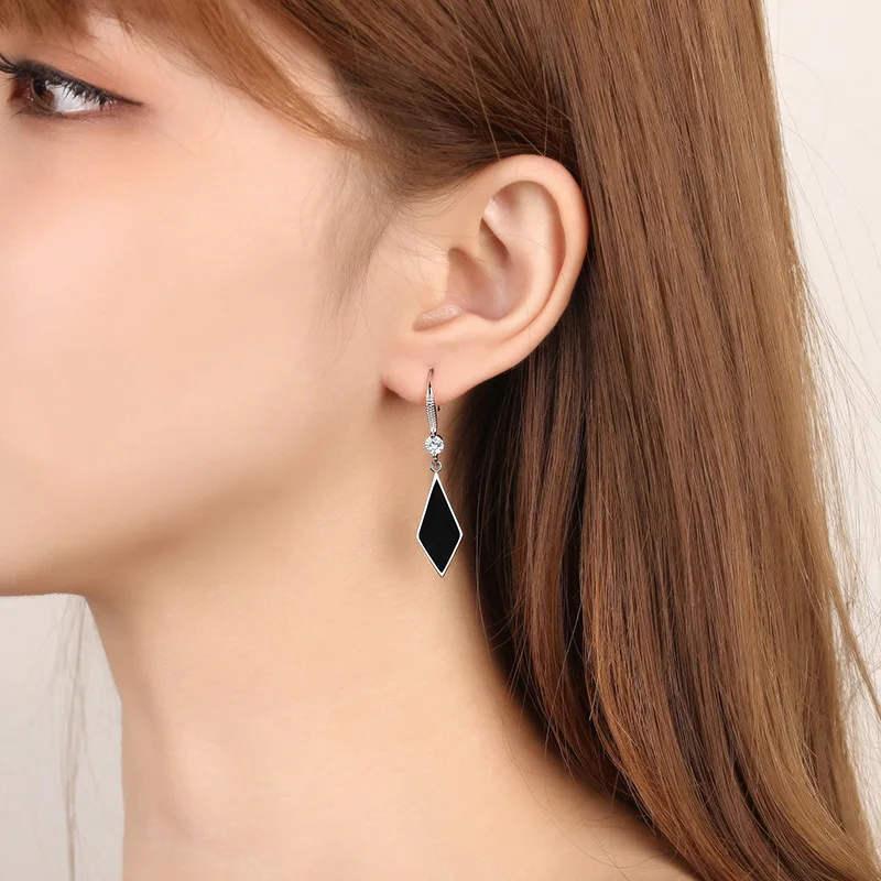 Fashion Black Rhombus Drop Earrings Cubic Zircon Stone Ear Piercing Hook Female Dangle Earring Trendy Wedding Jewelry For Women