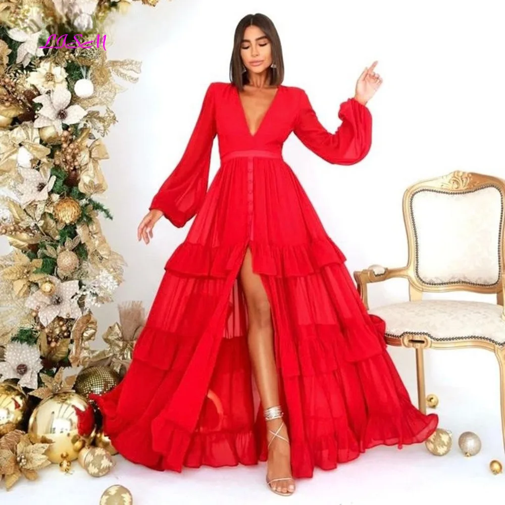 Red Long Puff Sleeves Evening Dresses V-Neck Tiered Skirt Prom Gowns Slit Chiffon Women Formal Dress 2022 Custom Made