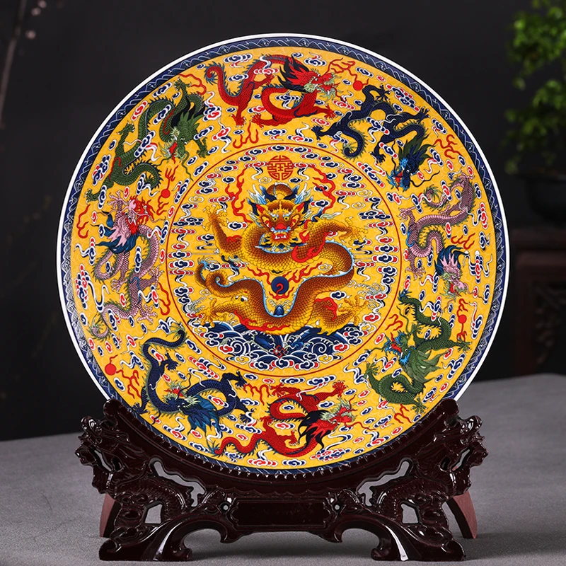 

Fengshui Art Ceramic Ornamental Plate Ancient China Nine Dragons Decoration Wood Base Porcelain Traditional Chinese Plate Set