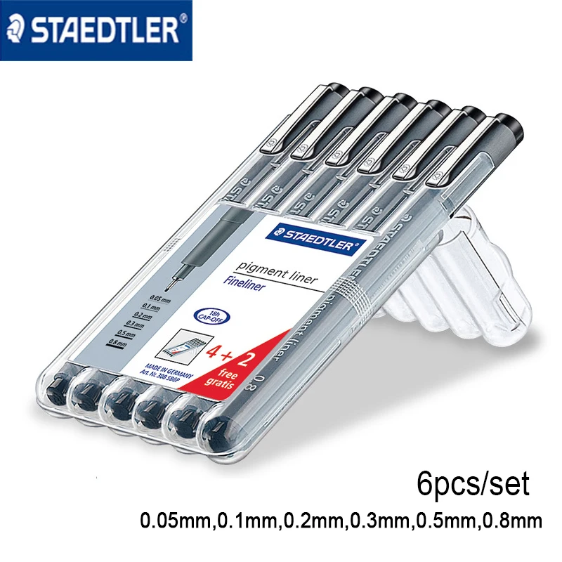 Staedtler 308 SB6P pigment liner fineliner needle pen Black ink waterproof 0.05mm-0.8mm 6pcs/set