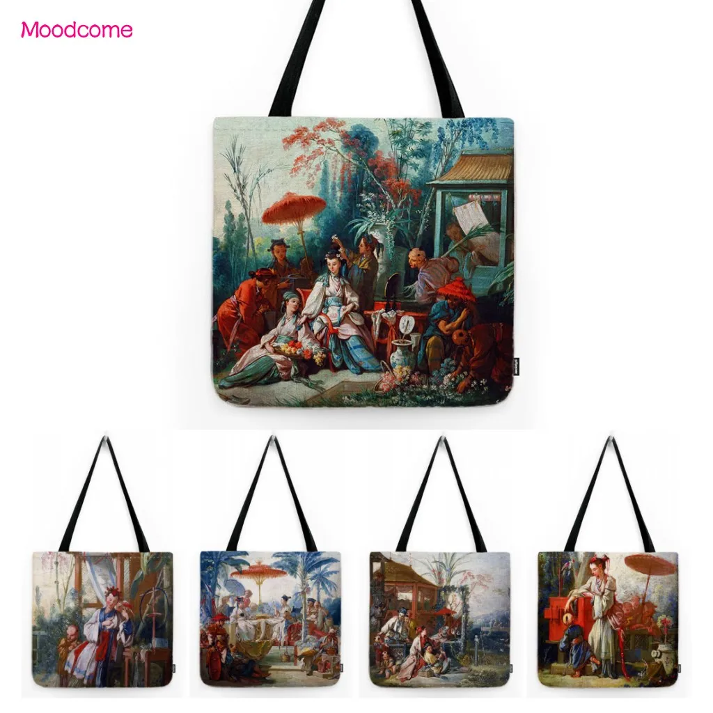 France Rococo Romanticism Style Chinese Garden Asian Life Art Francois Boucher Oil Painting Large Shopper Linen Tote Bag