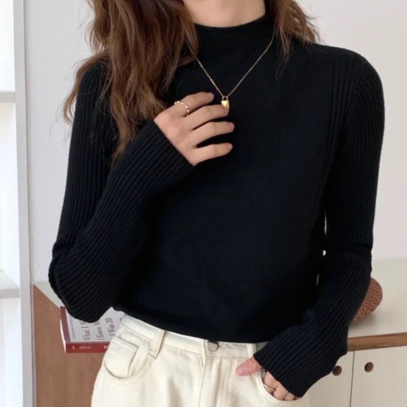 2021 Autumn Women Sweater High Neck Knitted Bottomed Shirt Slim Fit Solid Color Black Long Sleeve Apricot Yellow Female Top 1327